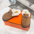 Hermes Slip-On Mule in Medium Brown Suede and Shearling Lining