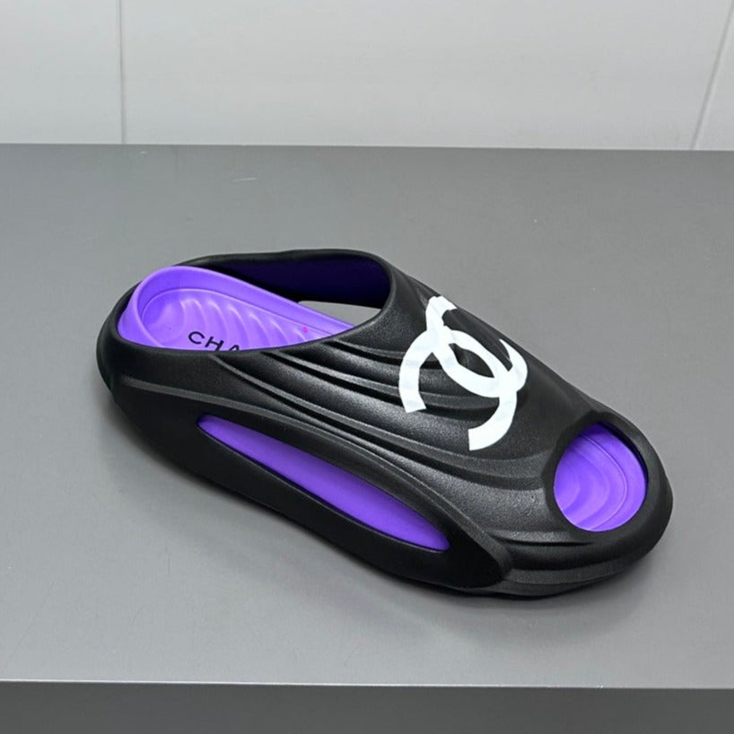 Chanel New Double C Foam Lightweight Slippers Boat Black Purple