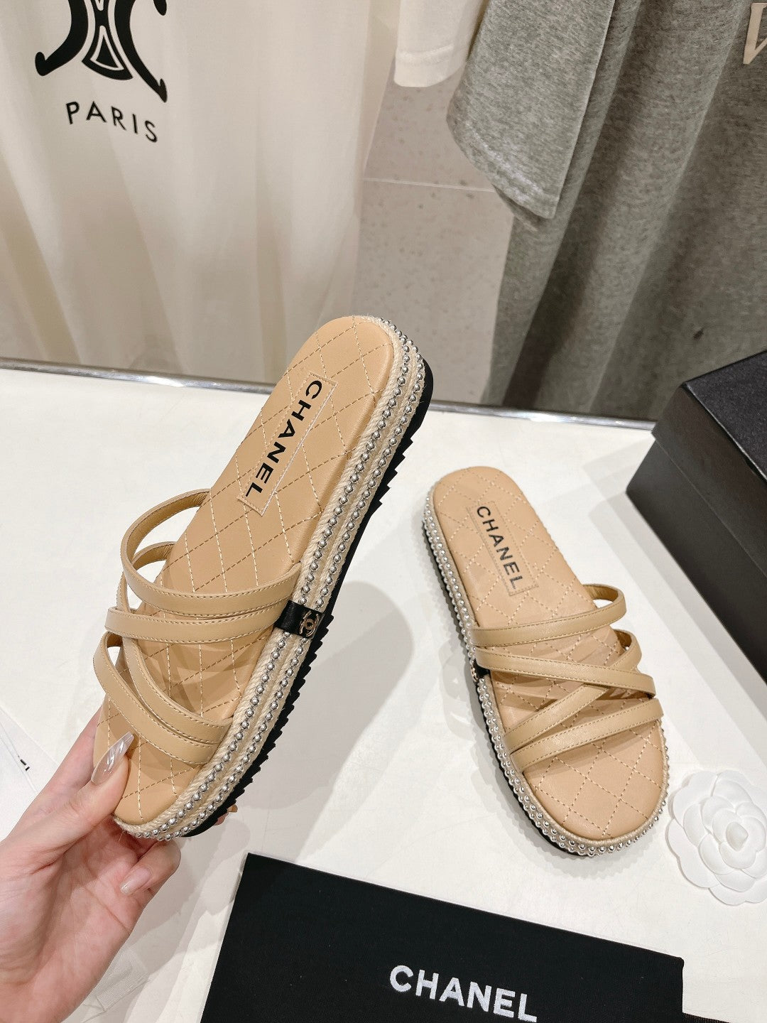 Chanel Slippers Cross Straps in Beige Cream Lambskin