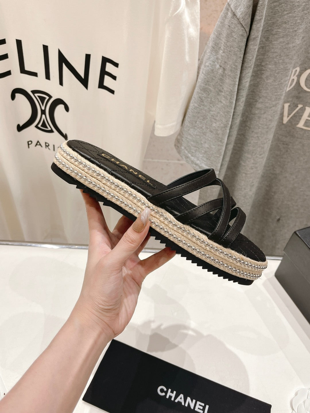 Chanel Slippers Cross Straps in Black Lambskin