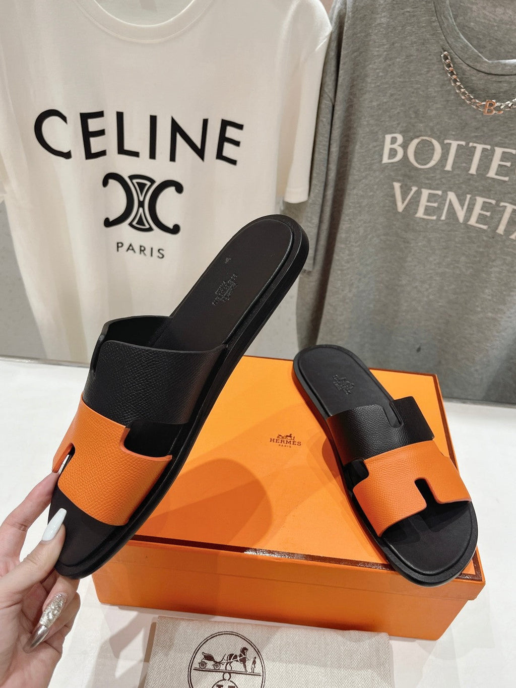 Hermes Izmir Sandal Black Mix Orange Lambskin