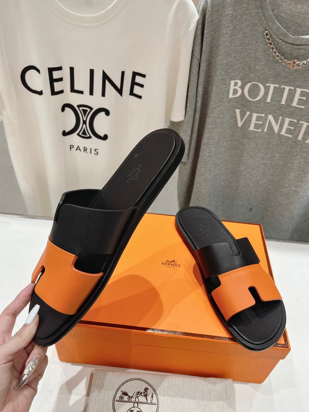 Hermes Izmir Sandal Black Mix Orange Lambskin