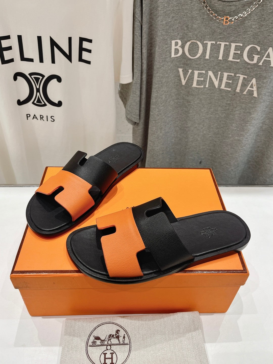 Hermes Izmir Sandal Black Mix Orange Lambskin