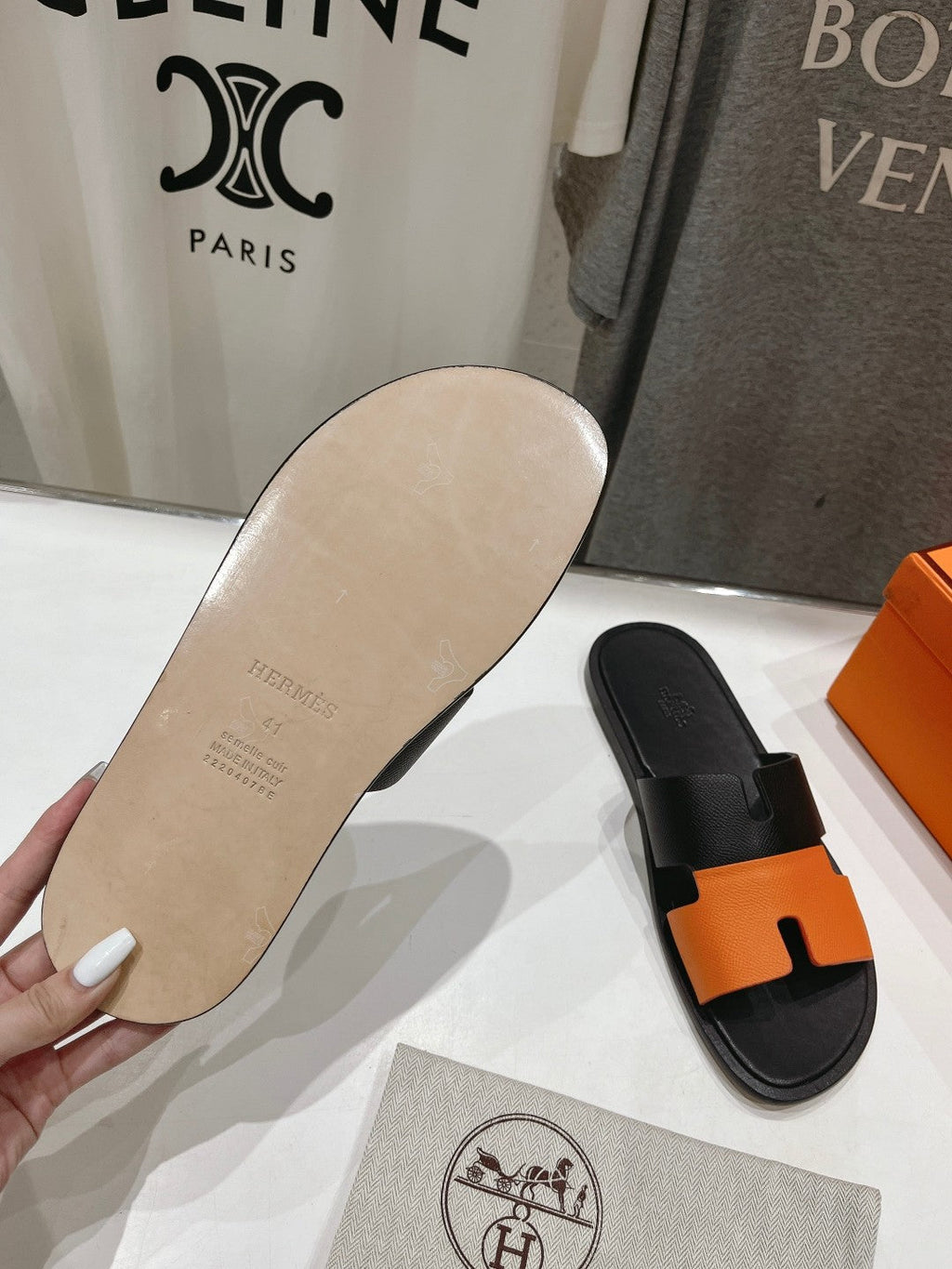Hermes Izmir Sandal Black Mix Orange Lambskin