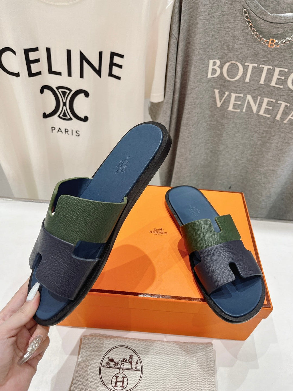 Hermes Izmir Sandal Aegean Mix Hunter Mix Peacock Lambskin