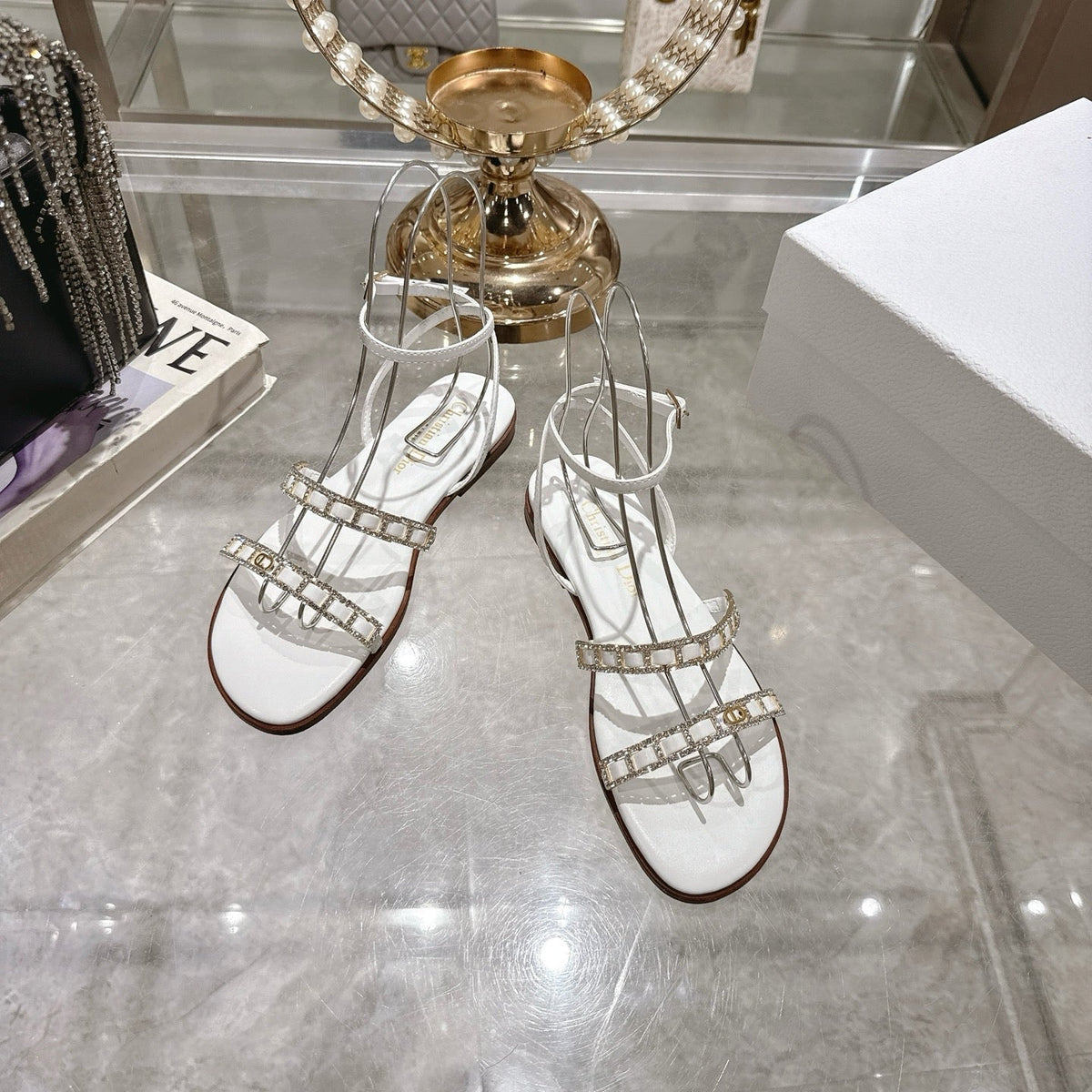 Dior Flat Sandals 25S in White Calfskin Rhinestones Strap