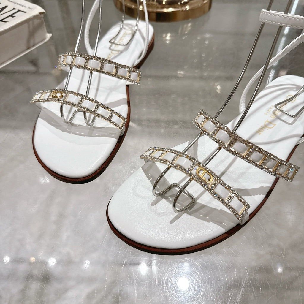 Dior Flat Sandals 25S in White Calfskin Rhinestones Strap