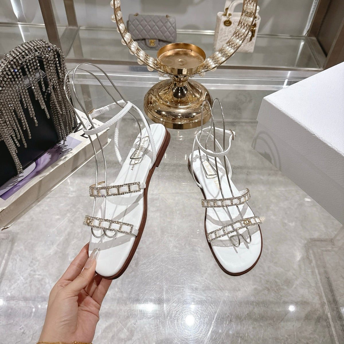 Dior Flat Sandals 25S in White Calfskin Rhinestones Strap