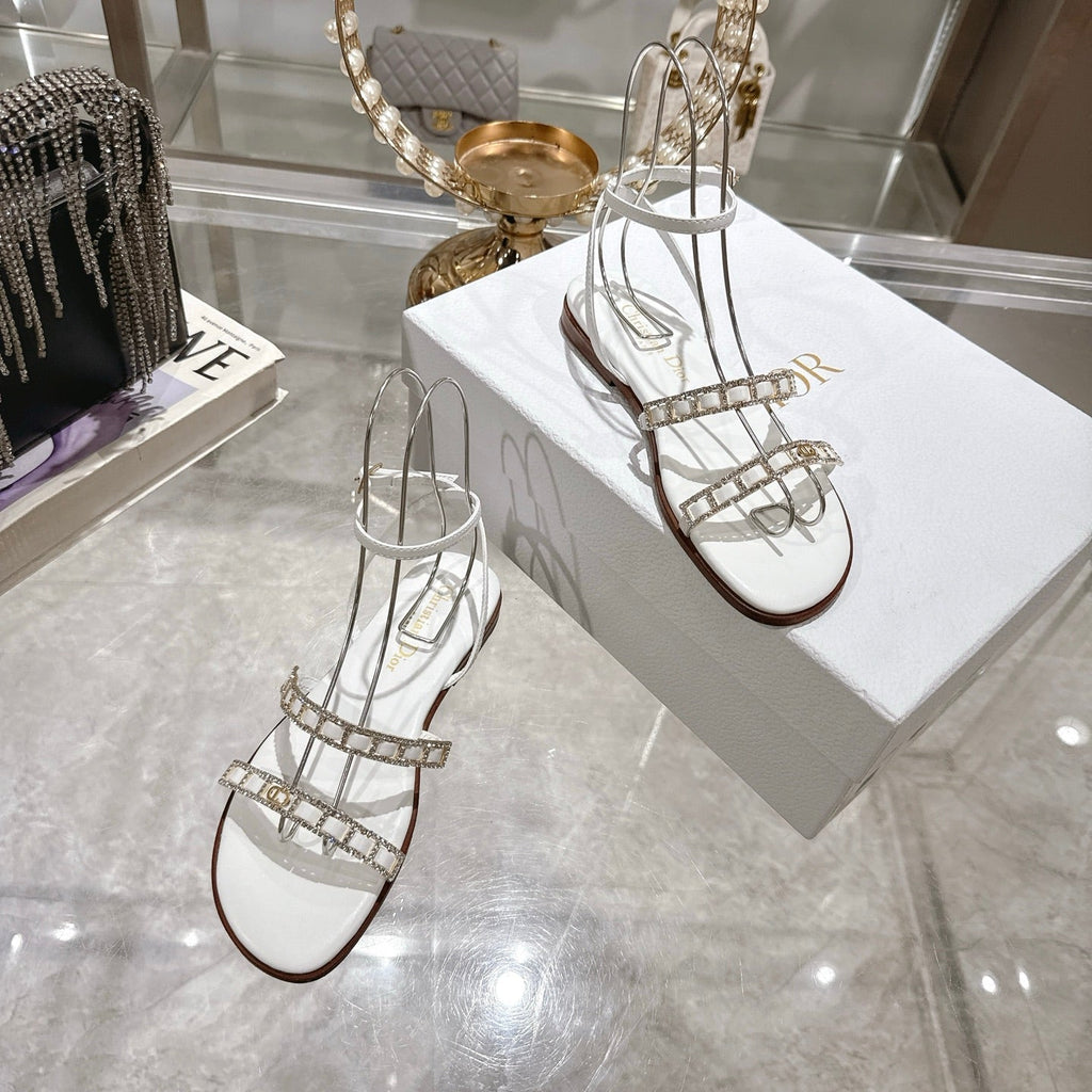 Dior Flat Sandals 25S in White Calfskin Rhinestones Strap