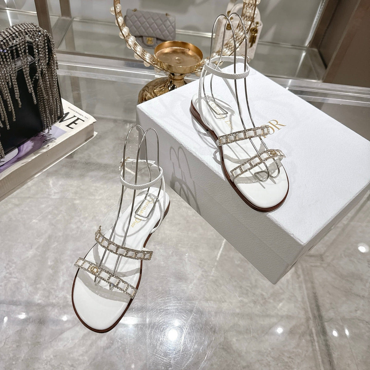 Dior Flat Sandals 25S in White Calfskin Rhinestones Strap