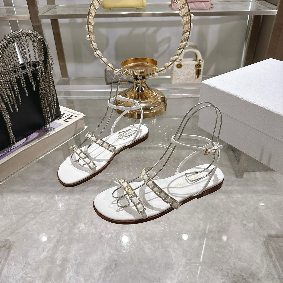 Dior Flat Sandals 25S in White Calfskin Rhinestones Strap