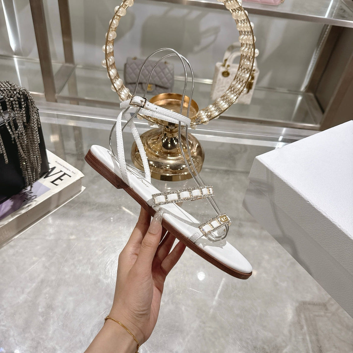Dior Flat Sandals 25S in White Calfskin Rhinestones Strap