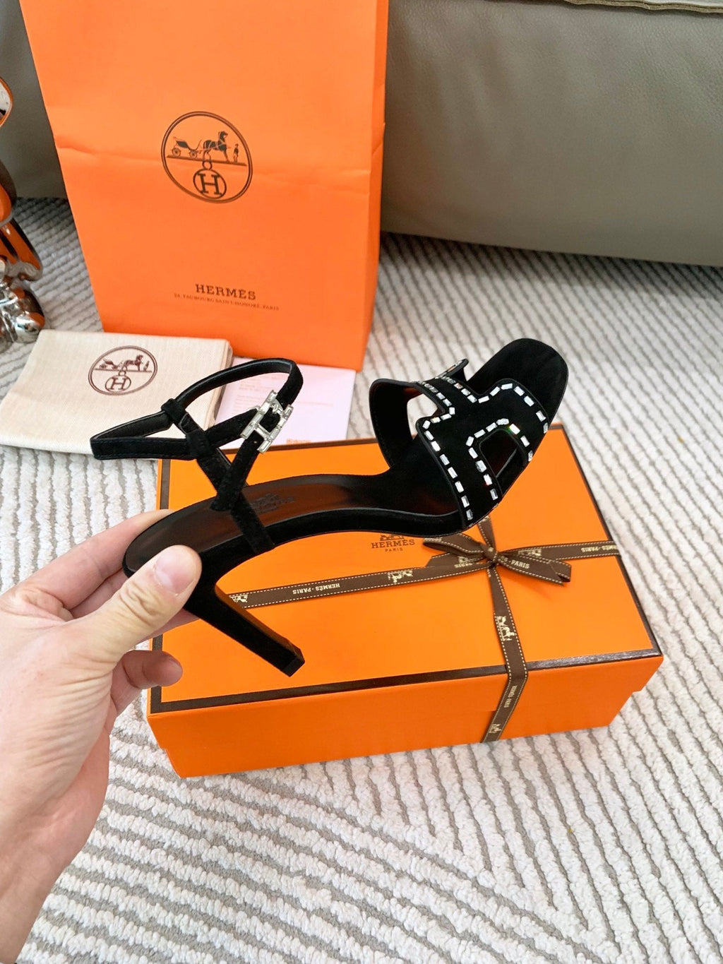 Hermes High Sandal 8.5 cm in Black Suede