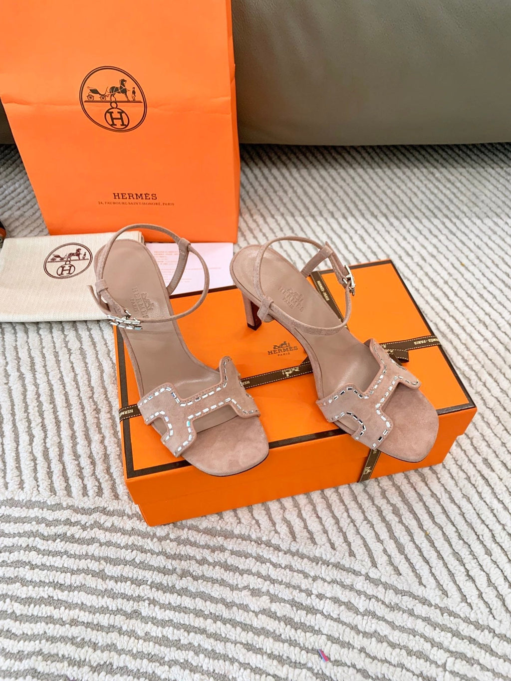 Hermes High Sandal 8.5 cm in Peach Pink Suede
