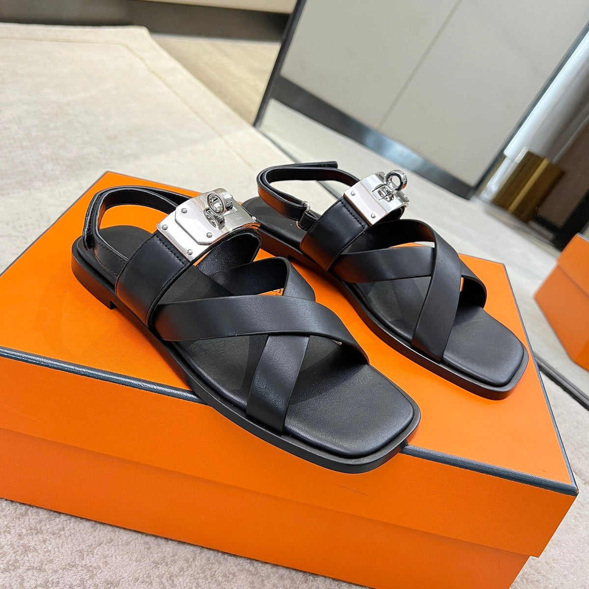 Hermes Ines Sandal Black Calfskin