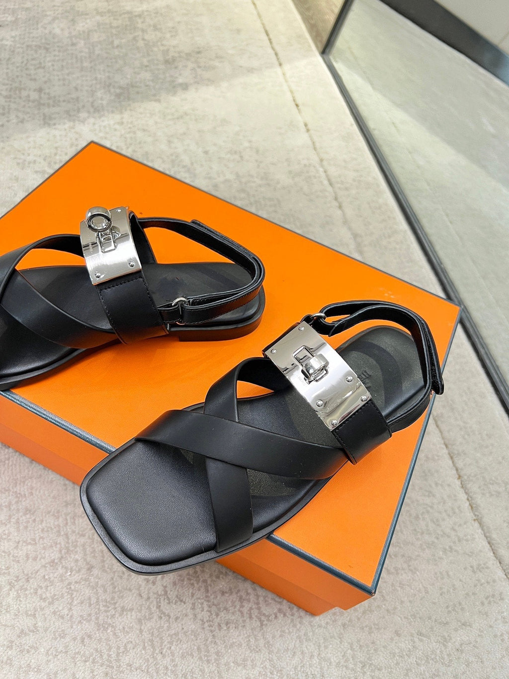 Hermes Ines Sandal Black Calfskin