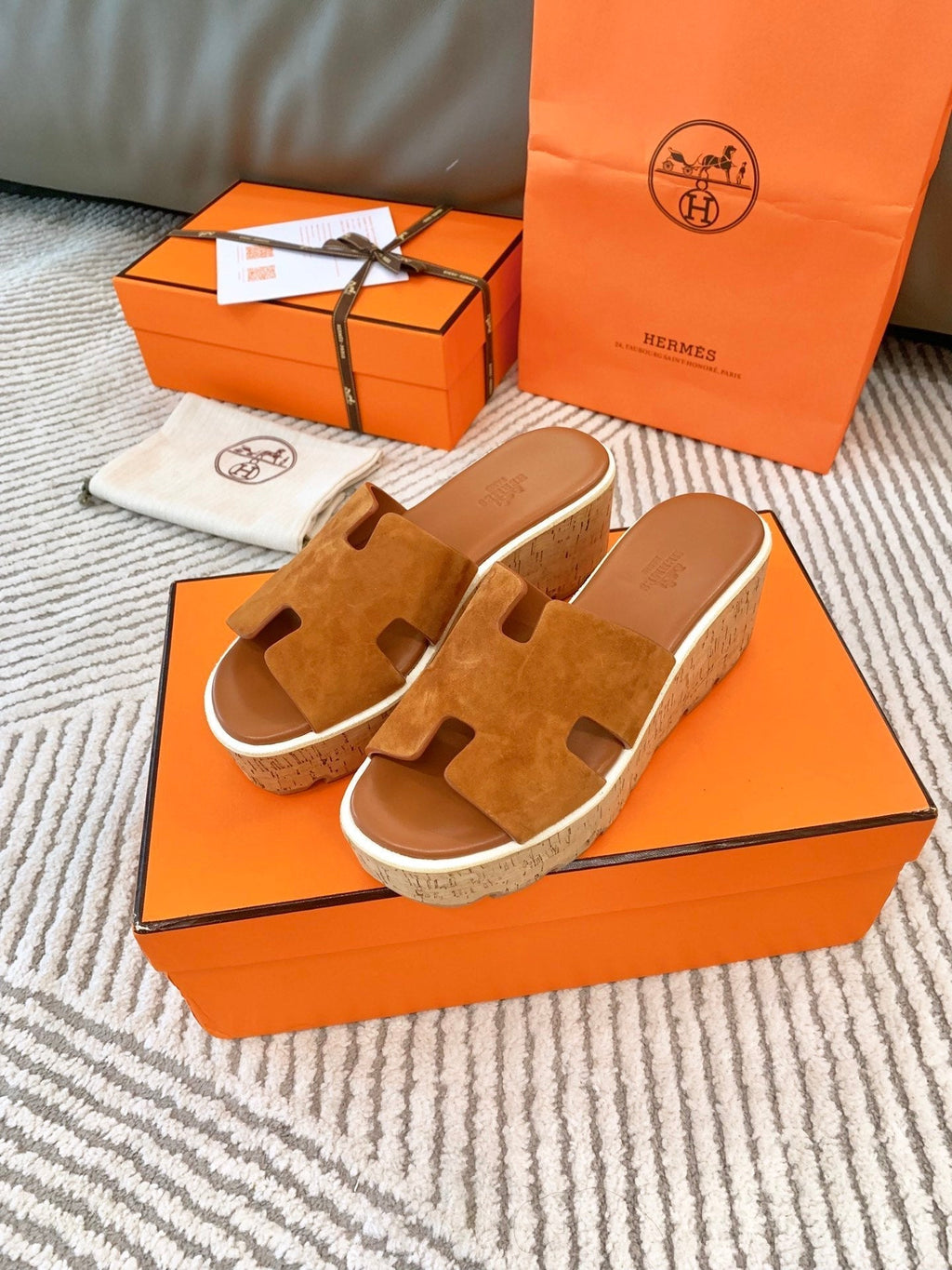 Hermes Eze 65 Sandal Bright Brown Suede