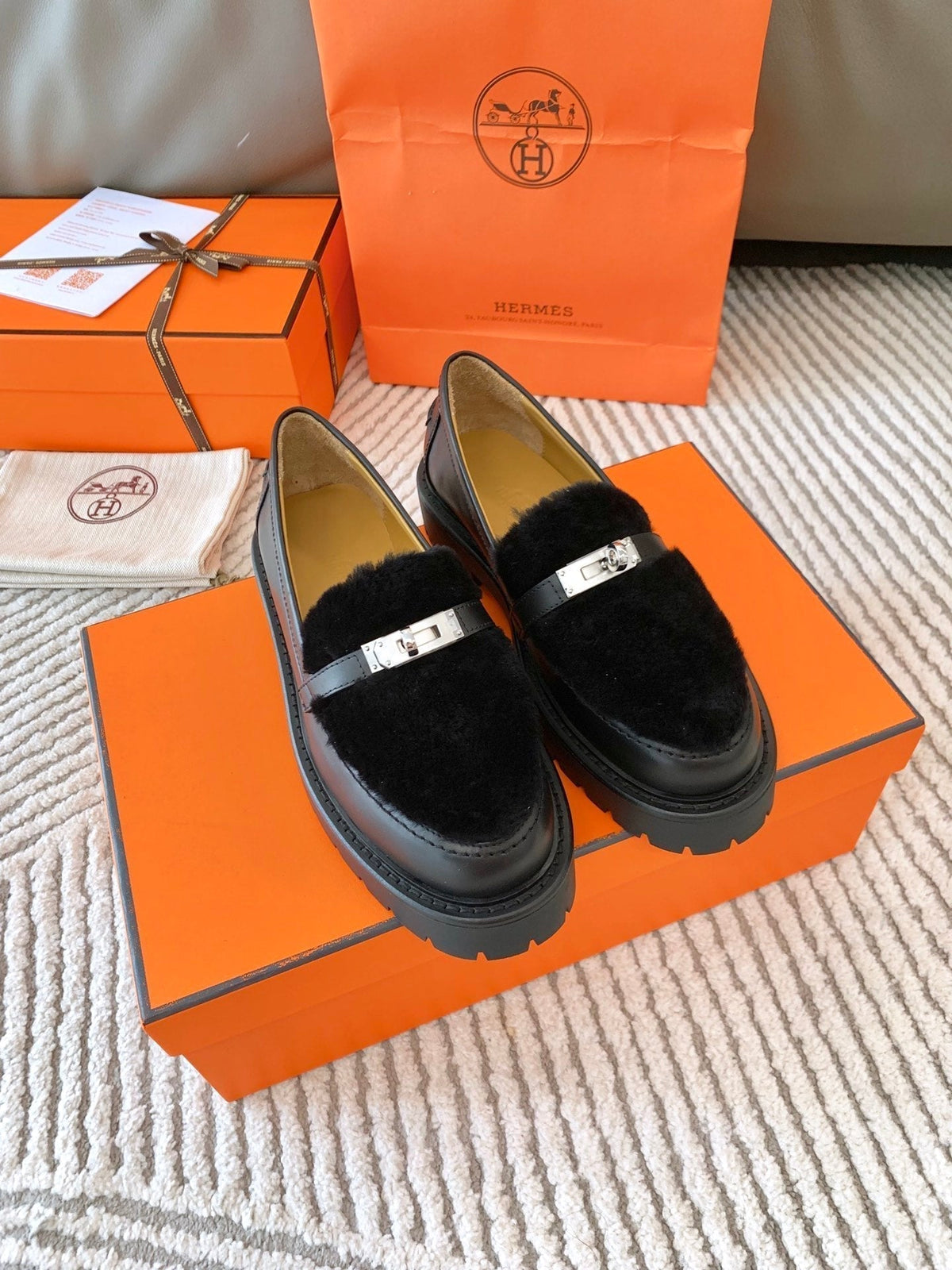 Hermes Icone Loafer in Black Calfskin with Black Shearling