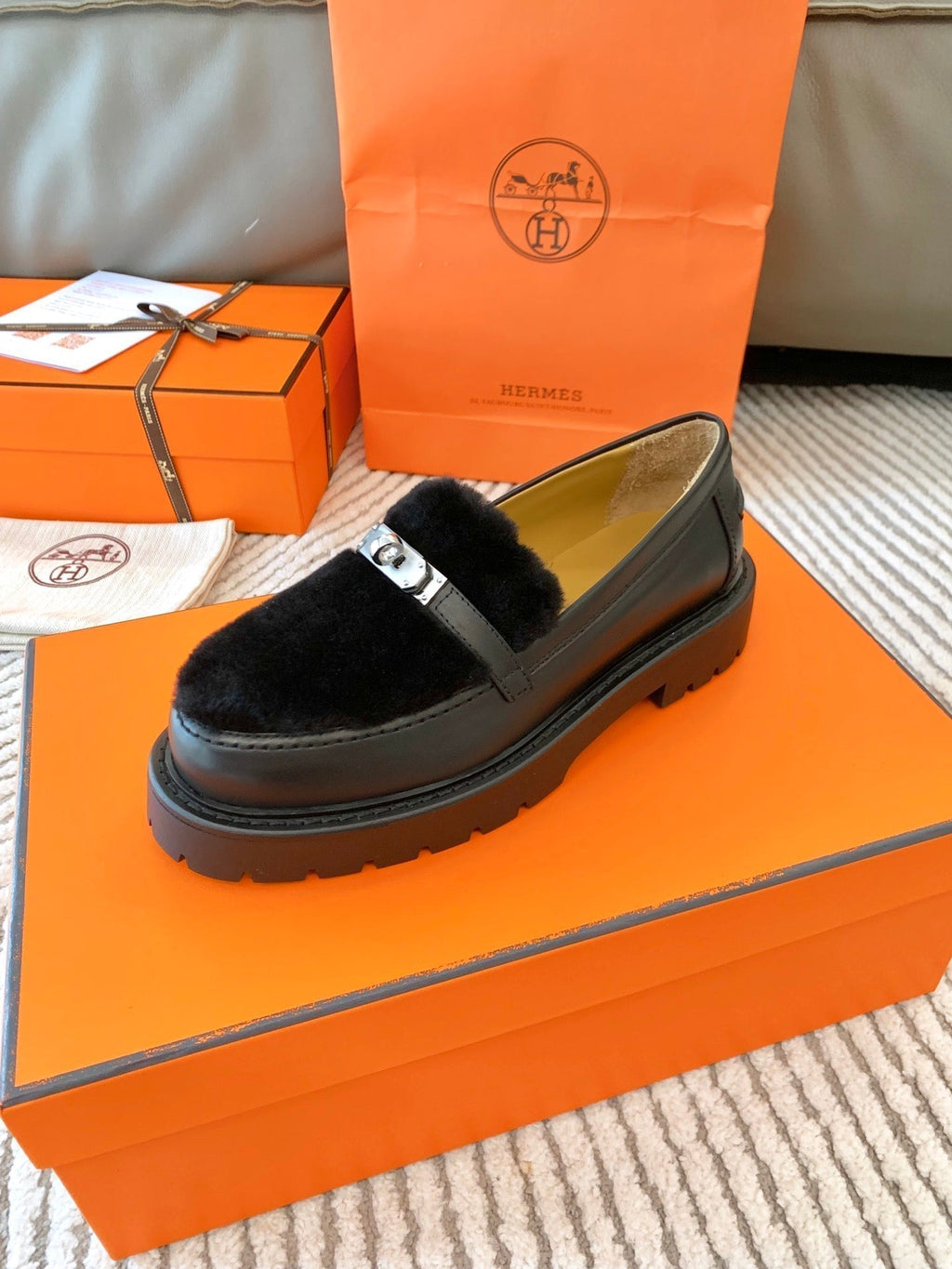 Hermes Icone Loafer in Black Calfskin with Black Shearling