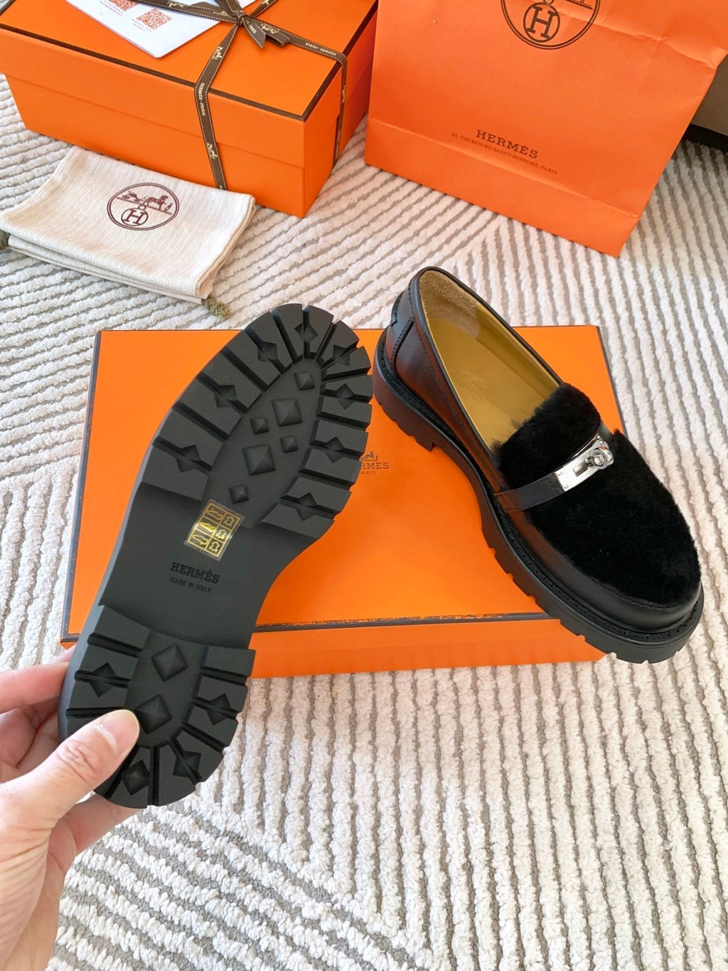 Hermes Icone Loafer in Black Calfskin with Black Shearling
