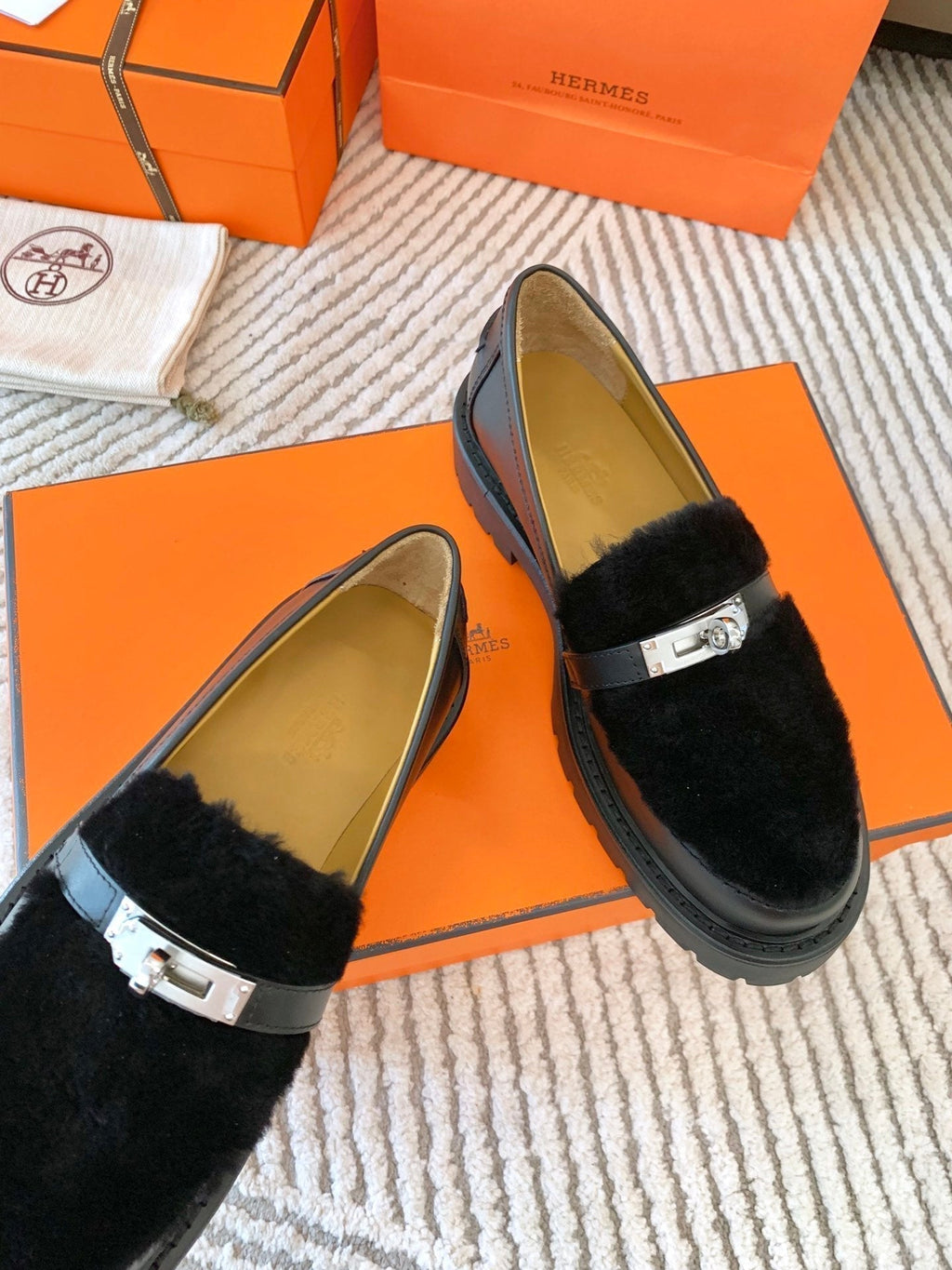 Hermes Icone Loafer in Black Calfskin with Black Shearling