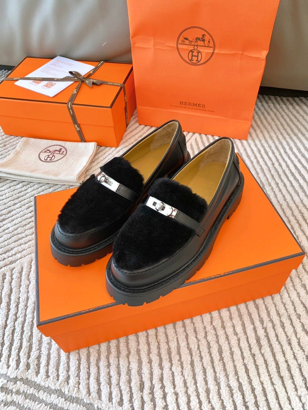 Hermes Icone Loafer in Black Calfskin with Black Shearling