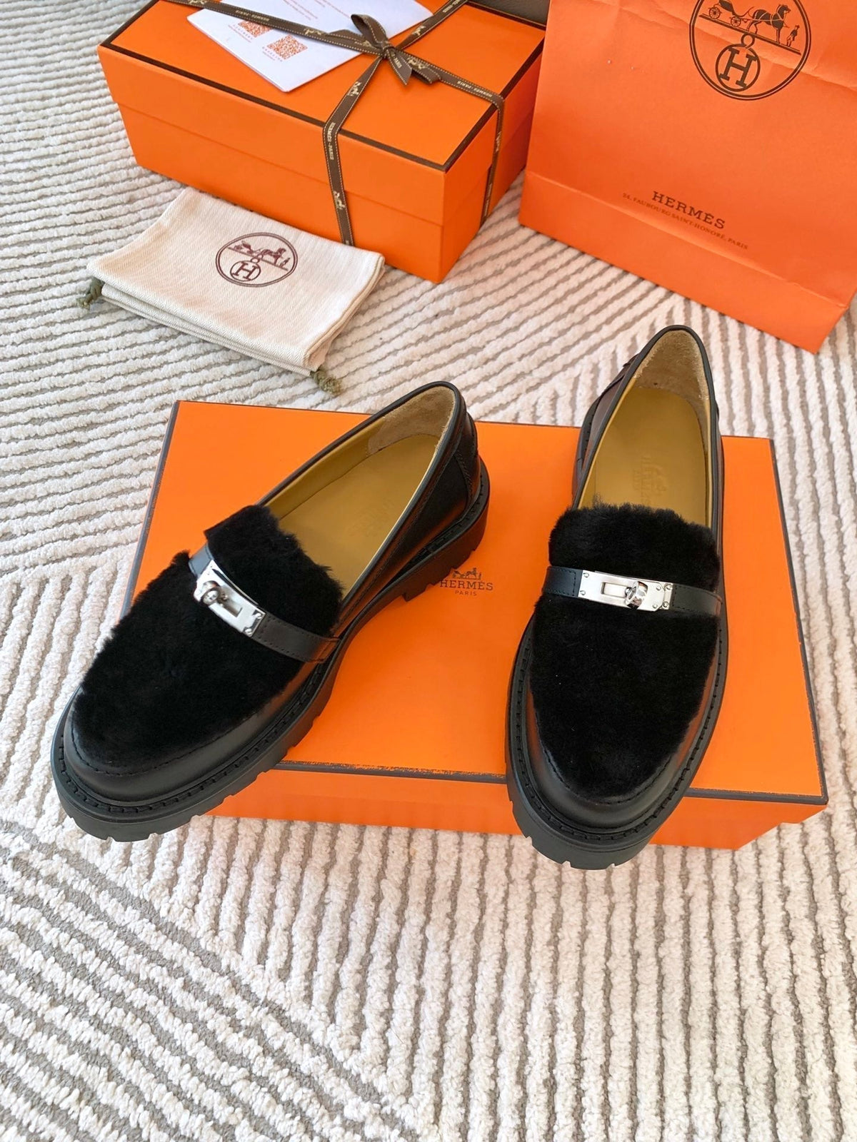 Hermes Icone Loafer in Black Calfskin with Black Shearling