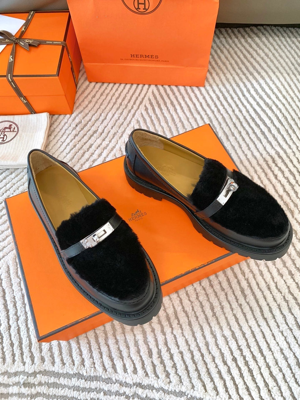 Hermes Icone Loafer in Black Calfskin with Black Shearling
