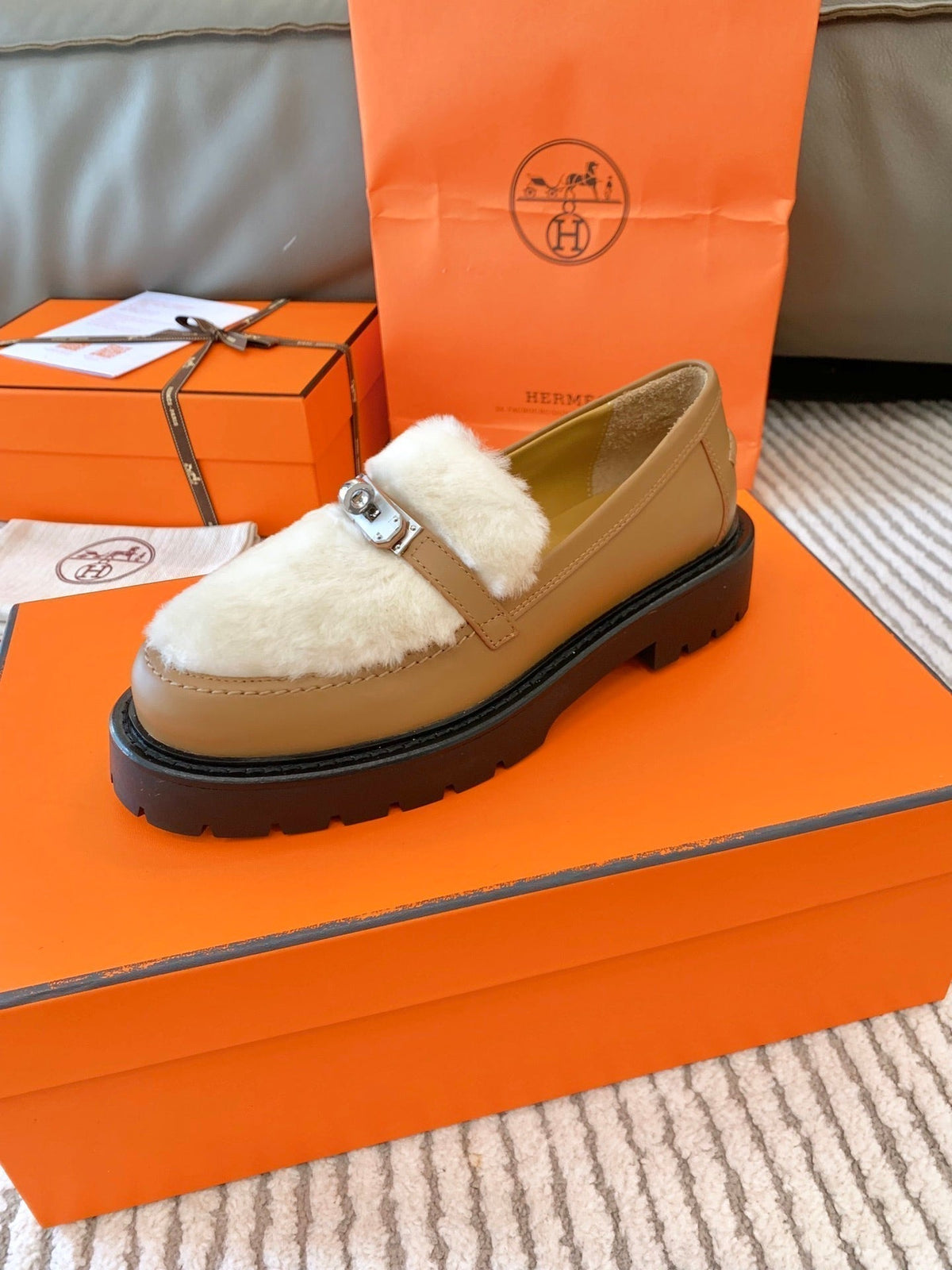 Hermes Icone Loafer in Peru Brown Calfskin with White Shearling
