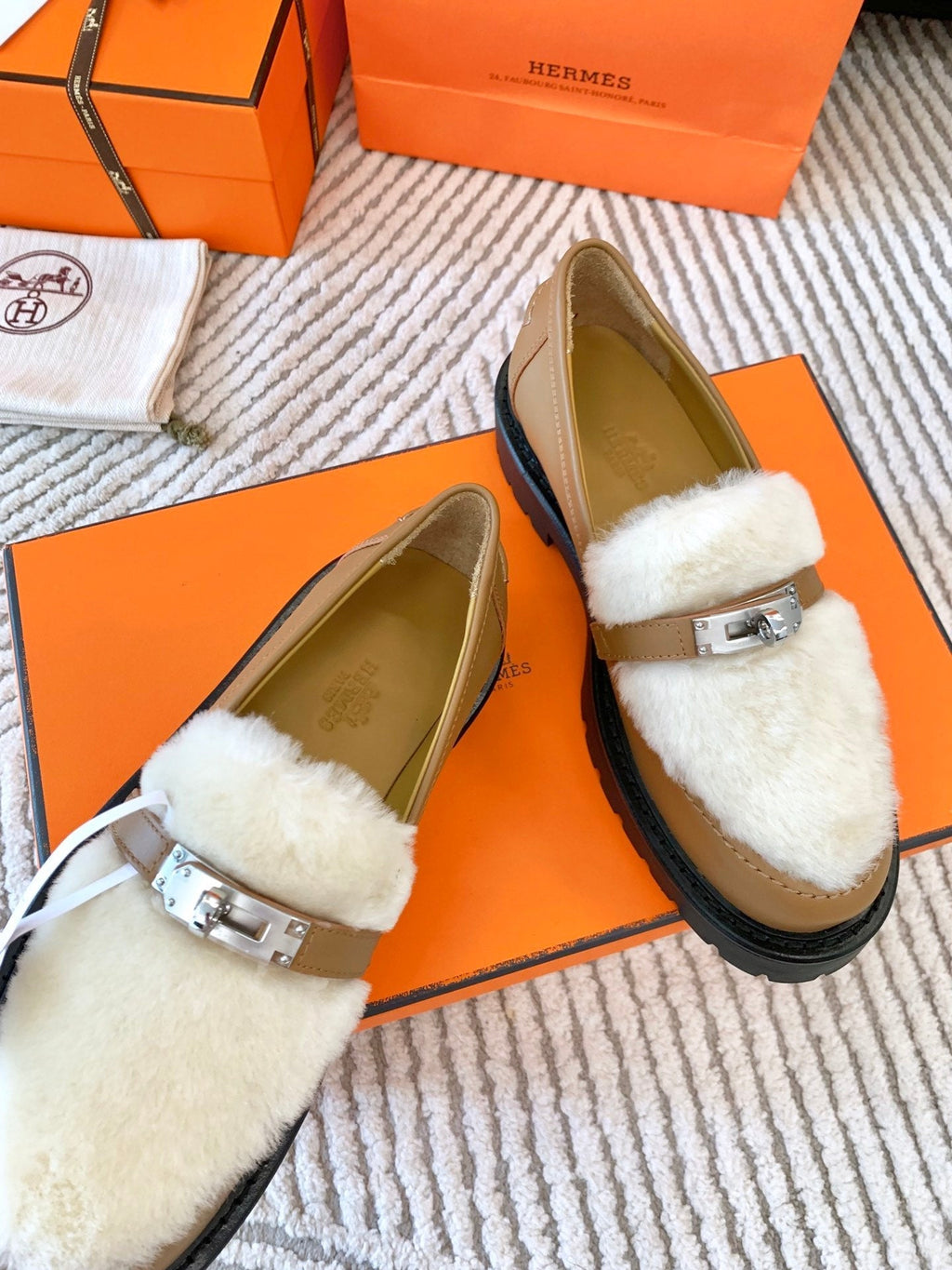 Hermes Icone Loafer in Peru Brown Calfskin with White Shearling