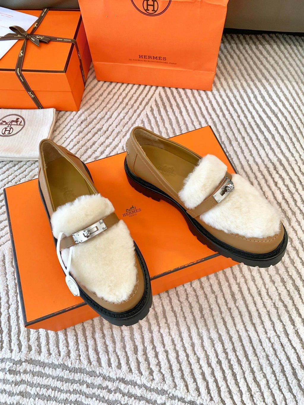 Hermes Icone Loafer in Peru Brown Calfskin with White Shearling