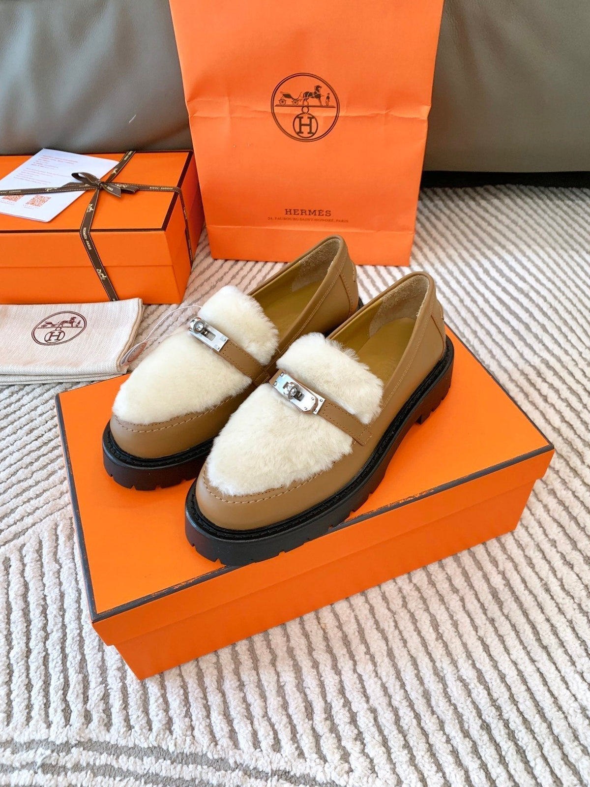 Hermes Icone Loafer in Peru Brown Calfskin with White Shearling