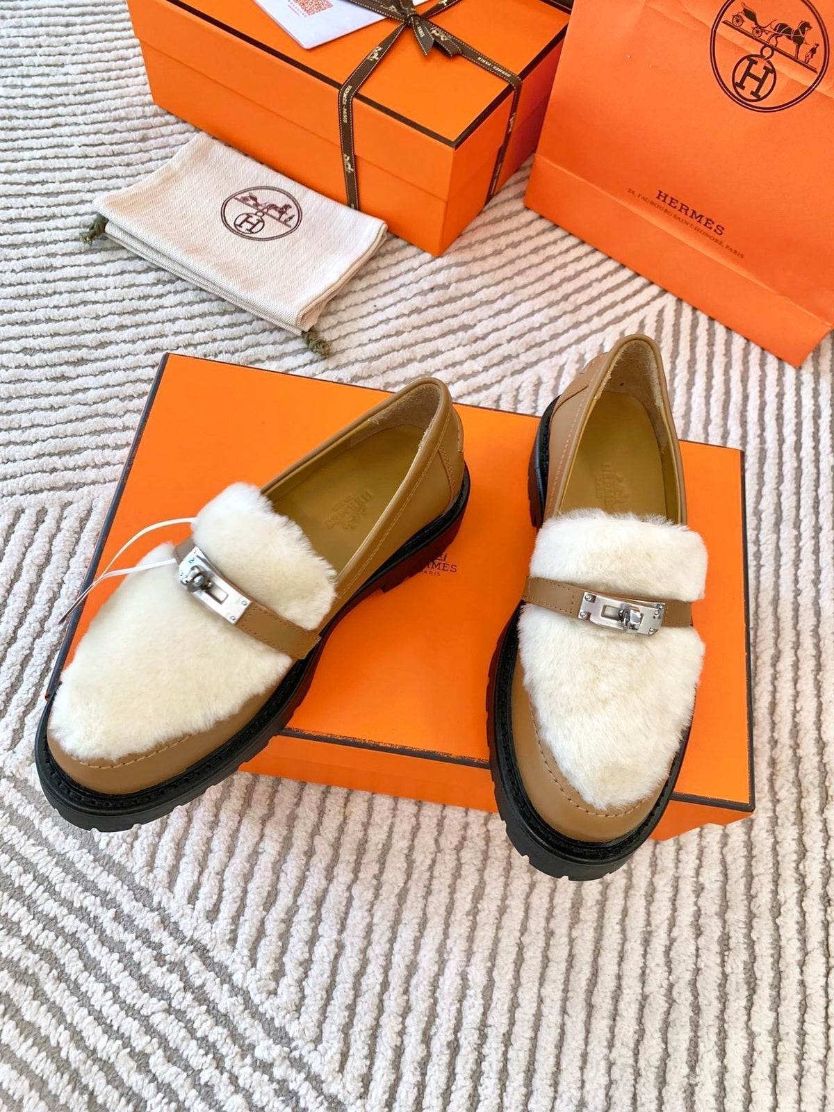 Hermes Icone Loafer in Peru Brown Calfskin with White Shearling