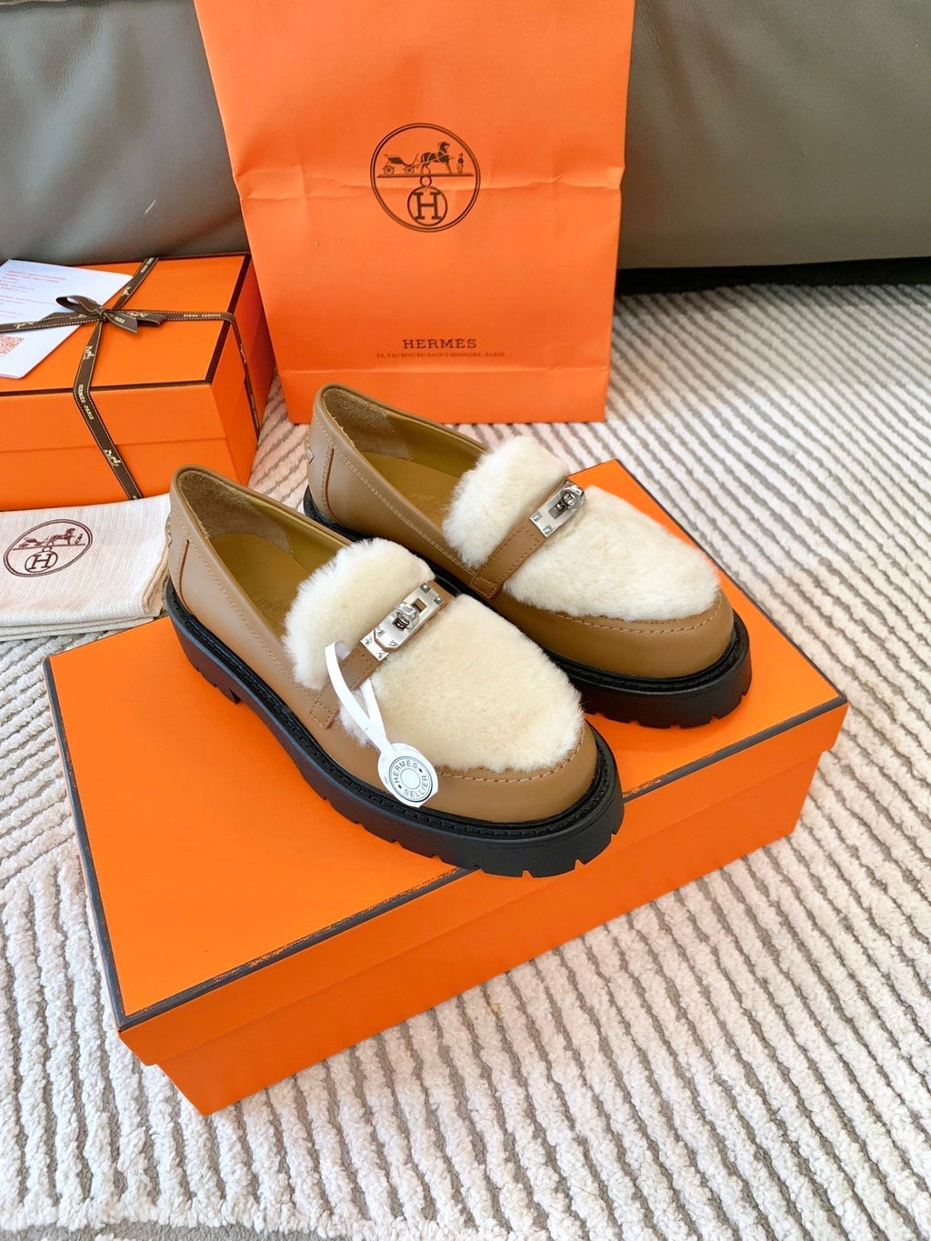 Hermes Icone Loafer in Peru Brown Calfskin with White Shearling