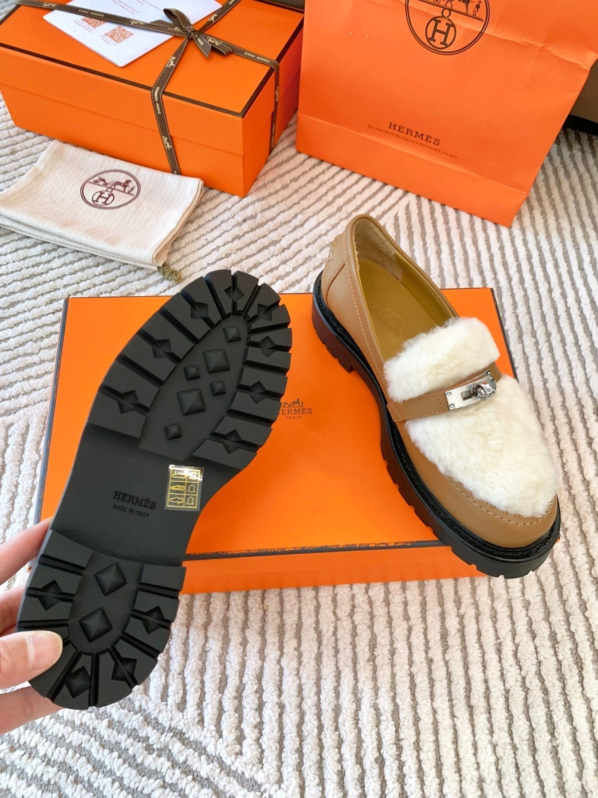 Hermes Icone Loafer in Peru Brown Calfskin with White Shearling
