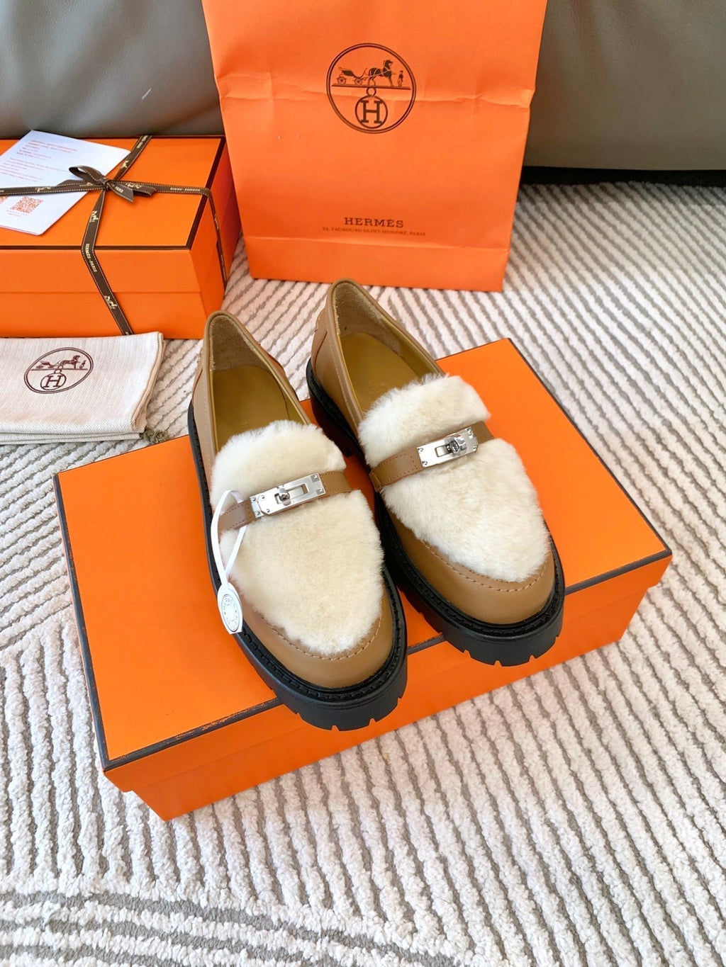 Hermes Icone Loafer in Peru Brown Calfskin with White Shearling