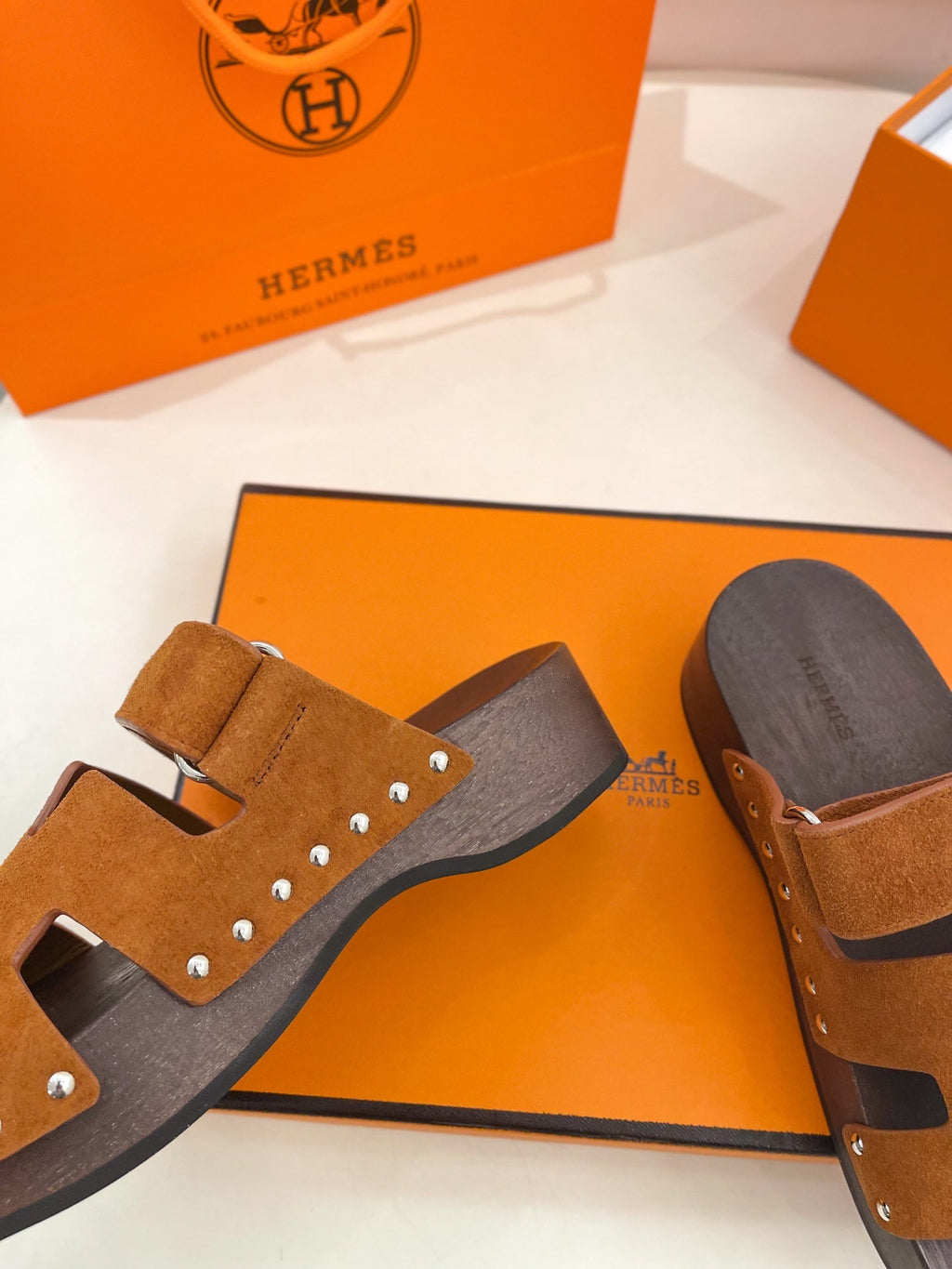Hermes Kos Clog in Bronze Brown Suede