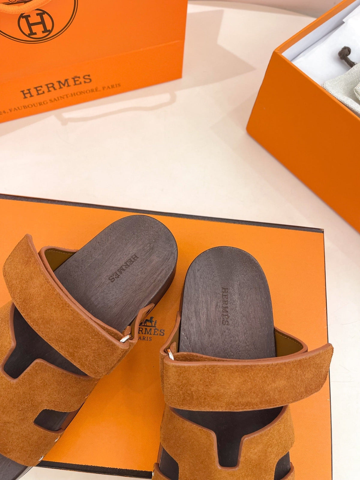 Hermes Kos Clog in Bronze Brown Suede