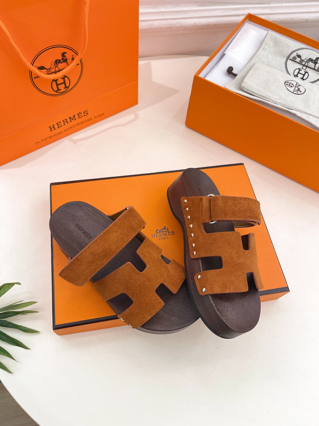 Hermes Kos Clog in Bronze Brown Suede