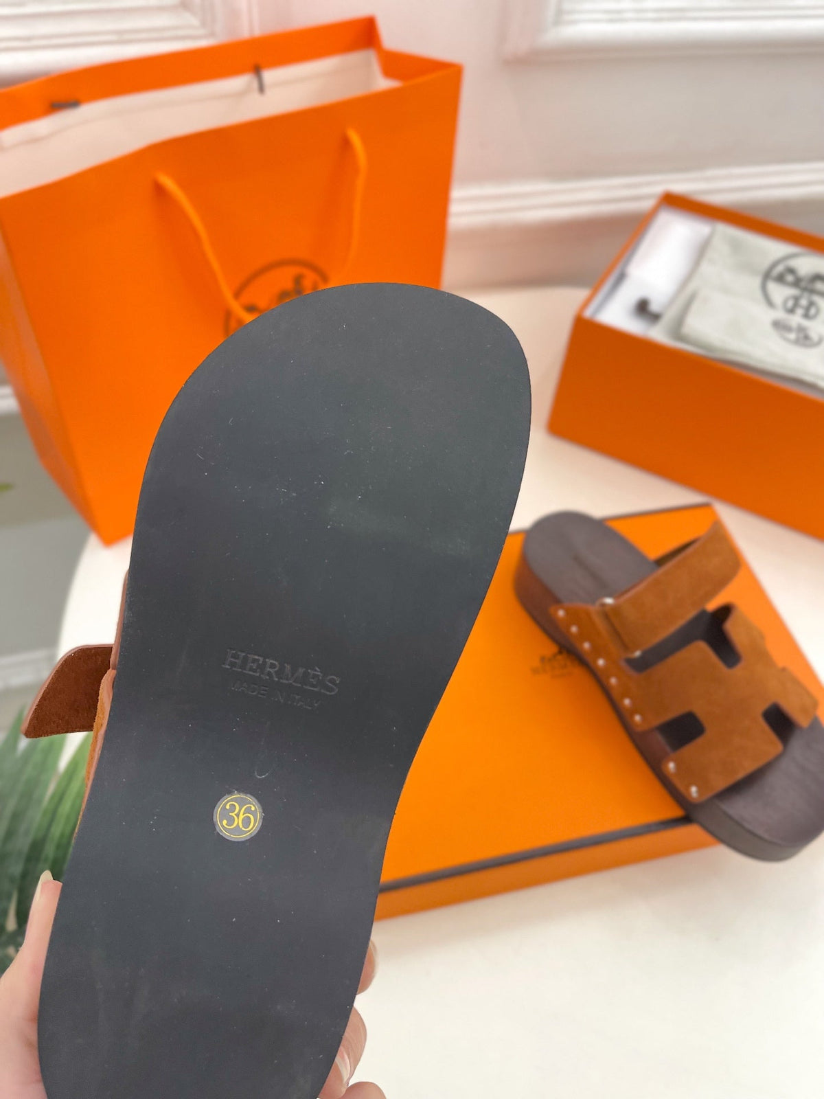Hermes Kos Clog in Bronze Brown Suede