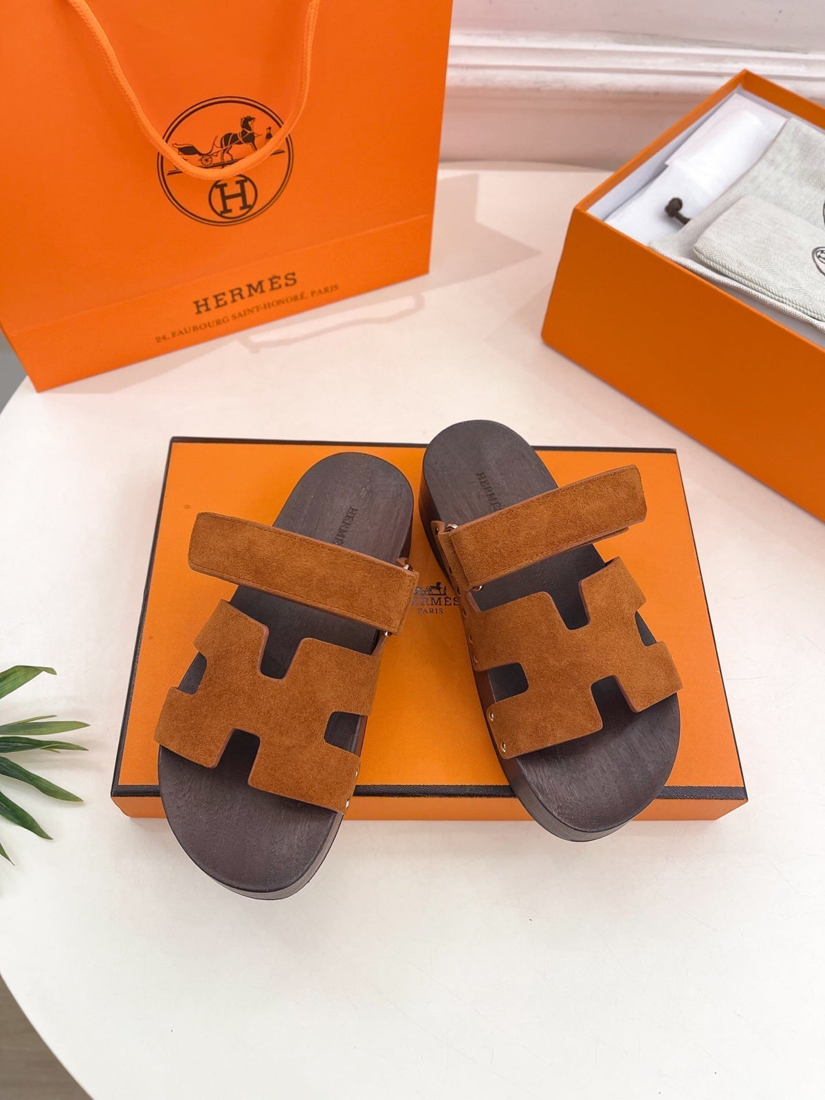 Hermes Kos Clog in Bronze Brown Suede