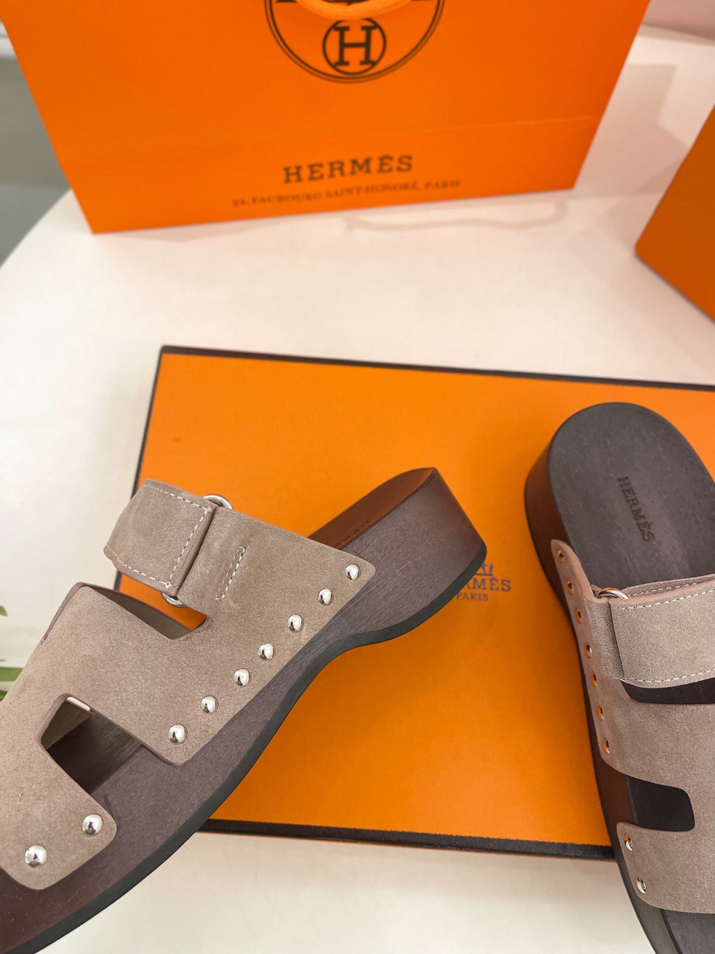 Hermes Kos Clog in Khaki Brown Suede