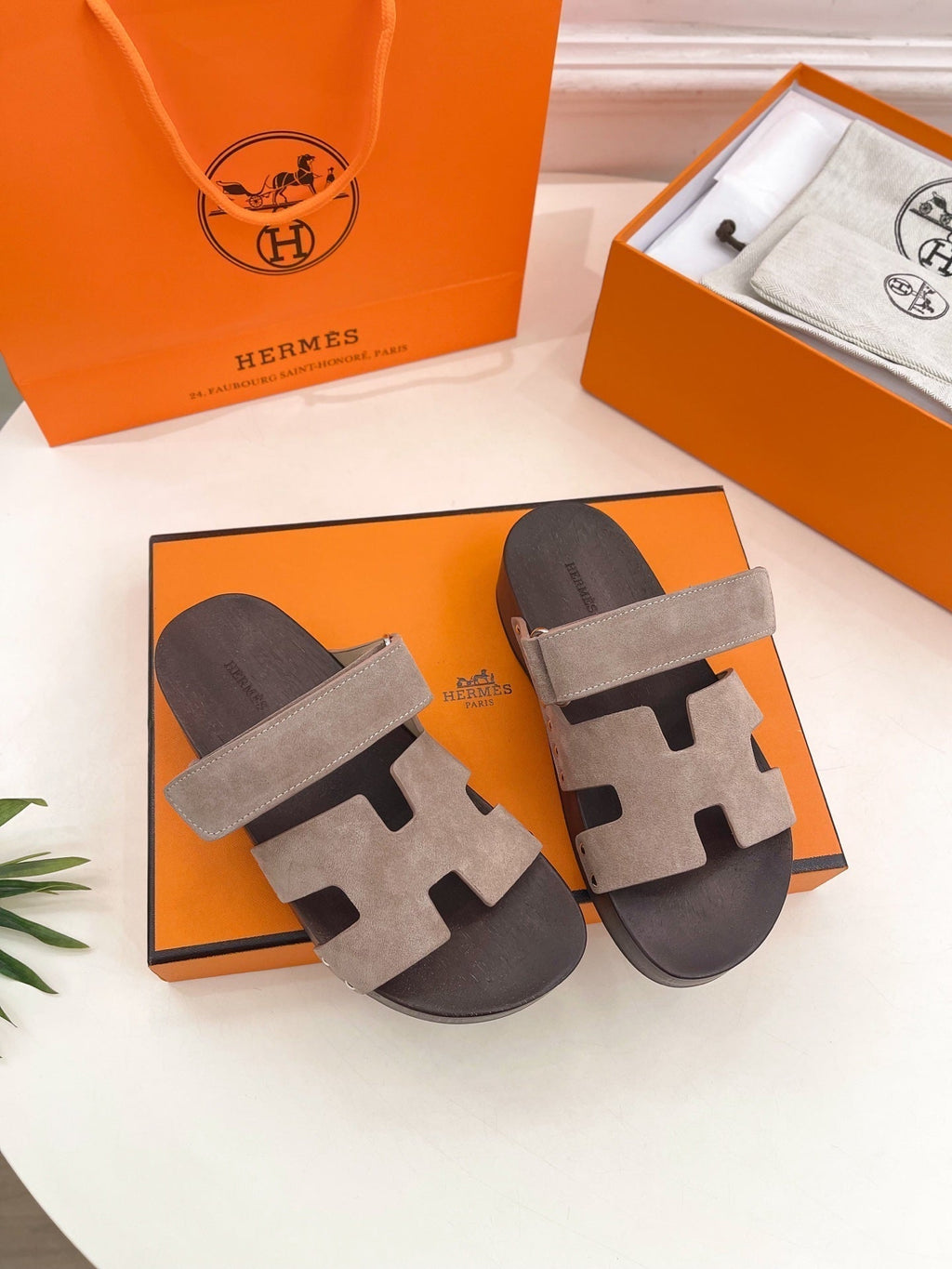 Hermes Kos Clog in Khaki Brown Suede