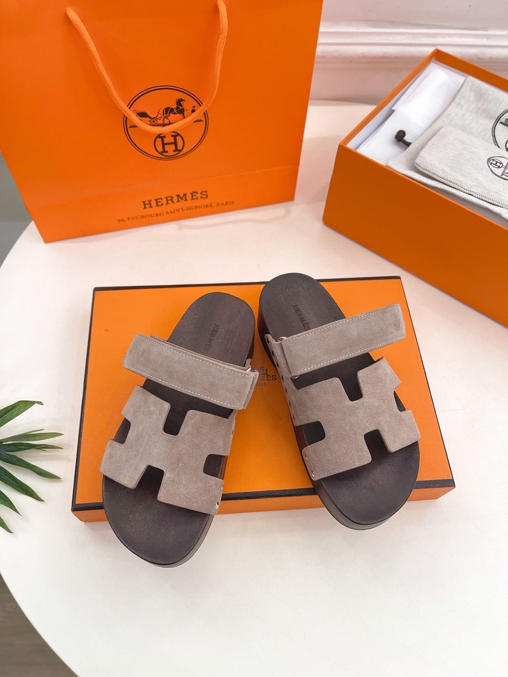 Hermes Kos Clog in Khaki Brown Suede