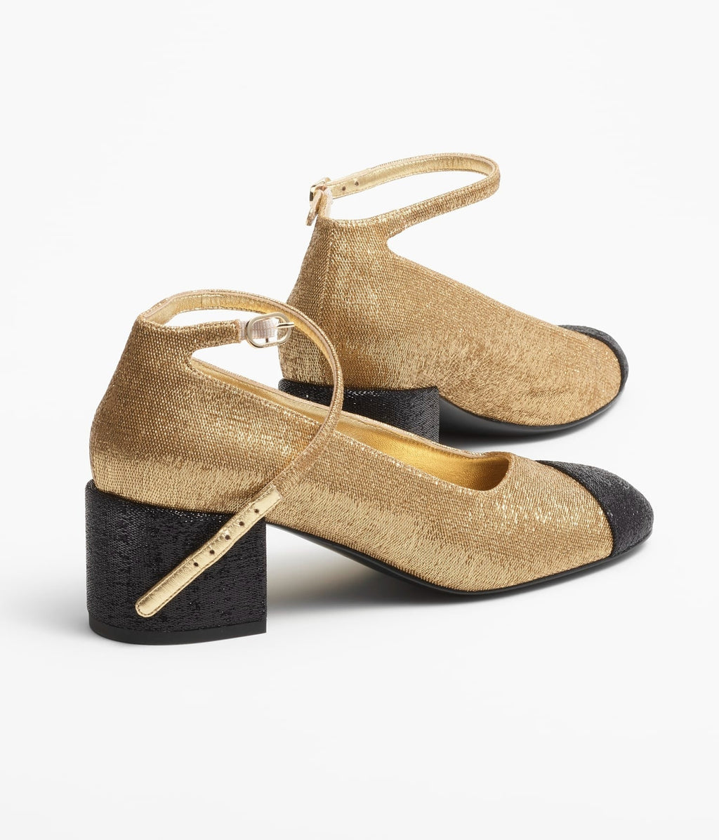 Chanel Mary Janes Gold Black Fabric