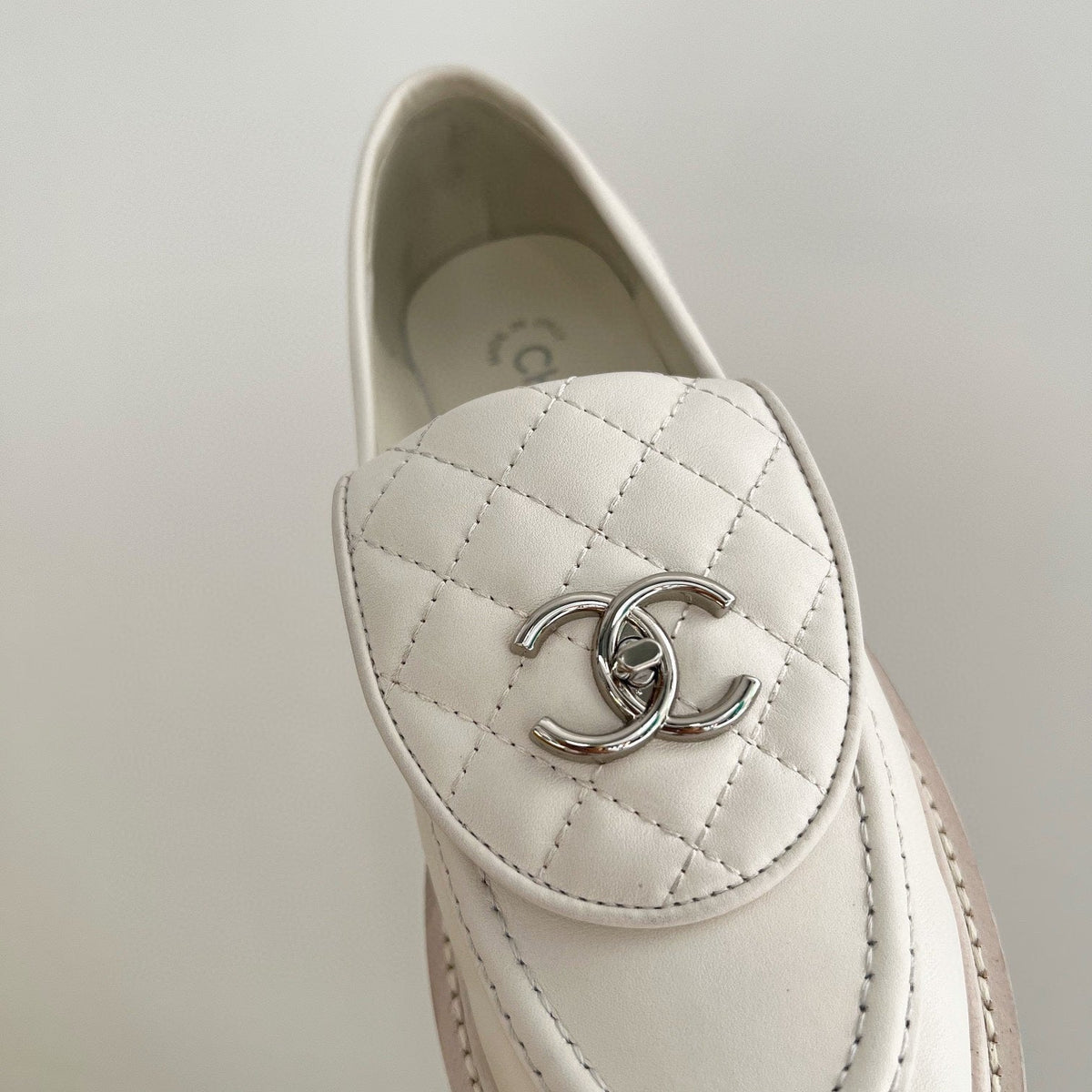 Chanel Moccasins White Quilted Calfskin Silver