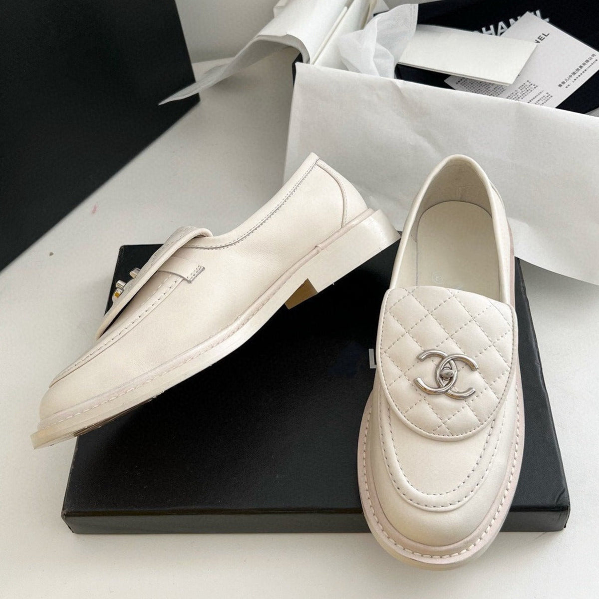 Chanel Moccasins White Quilted Calfskin Silver