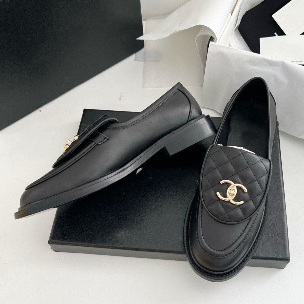 Chanel Moccasins Black Quilted Calfskin Gold