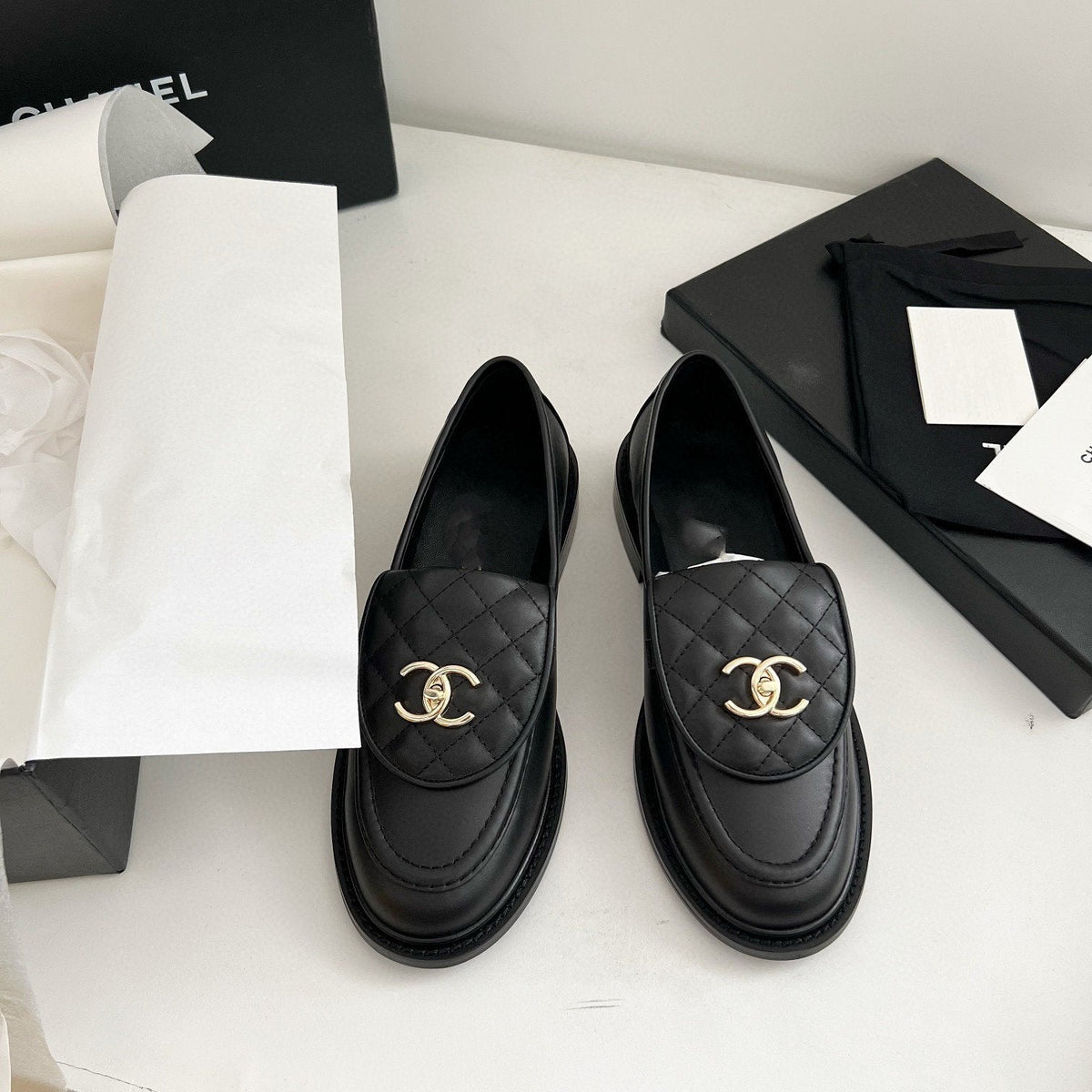 Chanel Moccasins Black Quilted Calfskin Gold